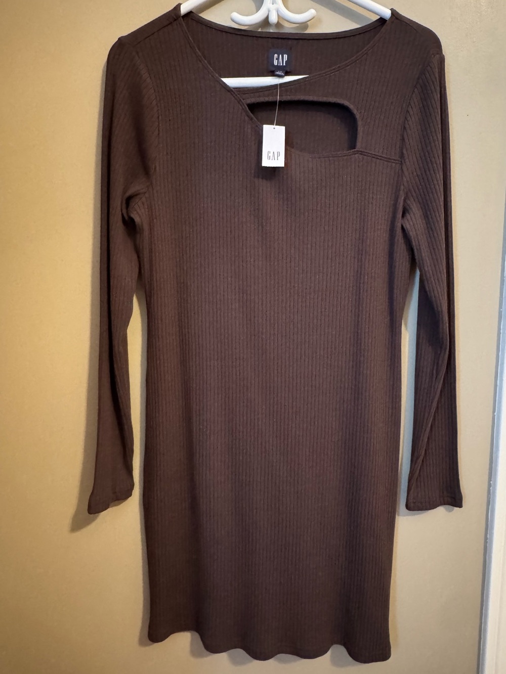 NWT GAP Brown Ribbed Long Sleeve Knit Dress with Cutout Detail Size L